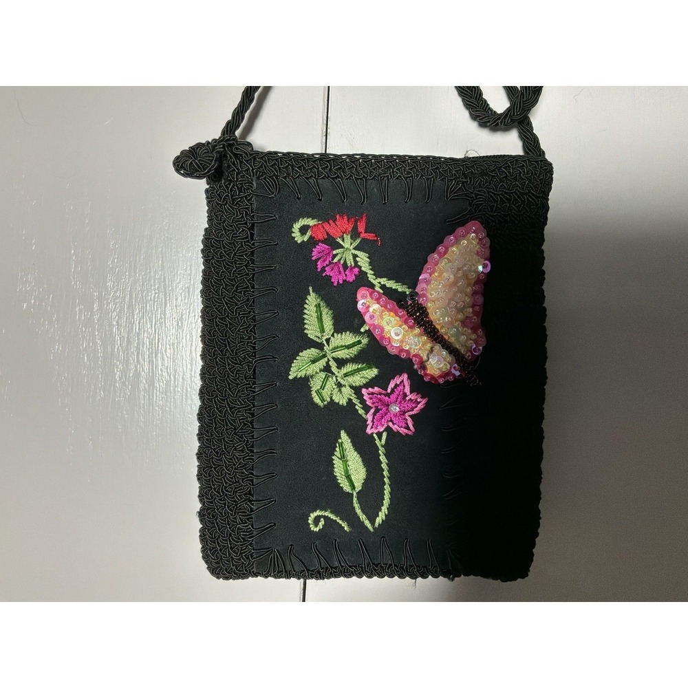 Xhileration Black Crochet Suede Mini Top Zip Small Crossbody With Embroidery